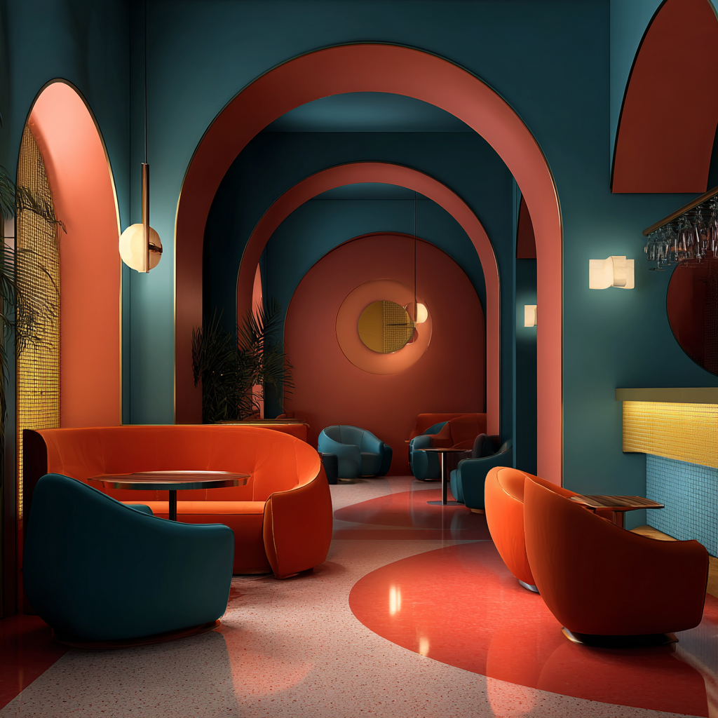 An unusual interior featuring biophilic design elements and minimalist furniture.